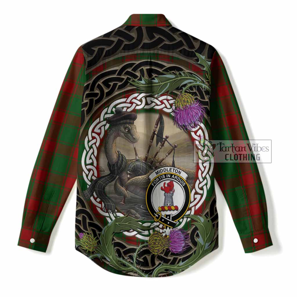 Middleton Tartan Crest Bagpipe Nessie Women Casual Shirt Scottish Loch Ness Monster Celtic Thistle