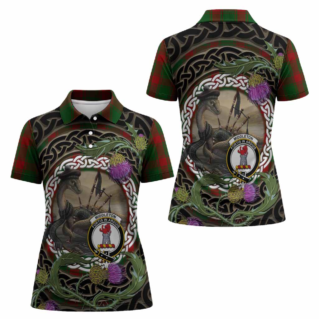 Middleton Tartan Crest Bagpipe Nessie Women Polo Shirt Scottish Loch Ness Monster Celtic Thistle