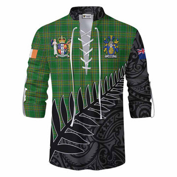 Tartan Vibes Clothing Mihill Irish Clan Tartan Ghillie Kilt Shirt with Coat of Arms New Zealand Silver Fern Half Style