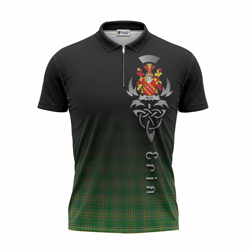 Tartan Vibes Clothing Miles Irish Clan Zipper Polo Shirt with Coat of Arms Erin Go Bragh Celtic Inspired