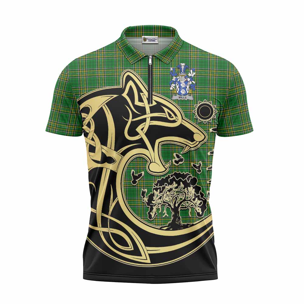 Tartan Vibes Clothing Mills Irish Tartan Zipper Polo Shirt with Coat of Arms Celtic Wolf Style