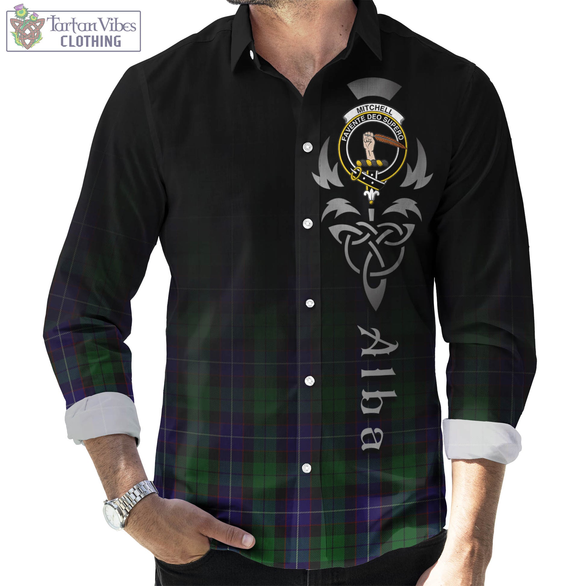 Mitchell Tartan Long Sleeve Button Up Featuring Alba Gu Brath Family Crest Celtic Inspired Men's Shirt - Tartan Vibes Clothing
