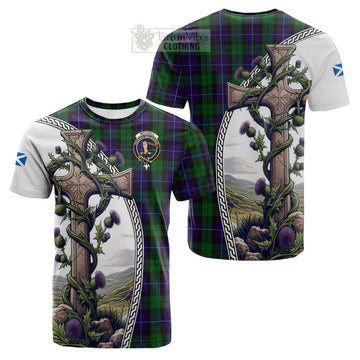 Mitchell Tartan Cotton T-shirt with Family Crest and St. Andrew's Cross Accented by Thistle Vines Kid's Shirt - Tartan Vibes Clothing