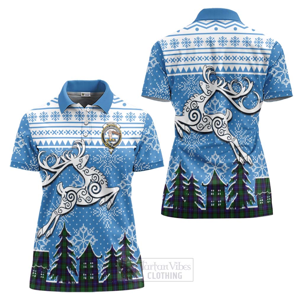 Mitchell Clan Christmas Women's Polo Shirt Celtic Reindeer Style Women - Tartan Vibes Clothing