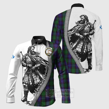 Mitchell Tartan Clan Crest Long Sleeve Button Shirt with Highlander Warrior Celtic Style Men's Shirt S - Tartan Vibes Clothing