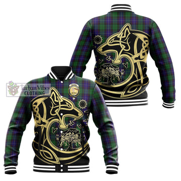 Mitchell Tartan Baseball Jacket with Family Crest Celtic Wolf Style