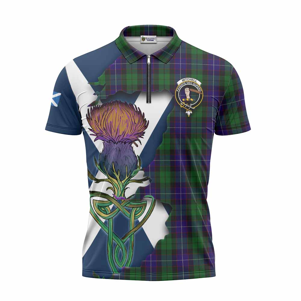 Mitchell Tartan Family Crest Zipper Polo Shirt Scottish Thistle Celtic Inspired Unisex - Tartan Vibes Clothing