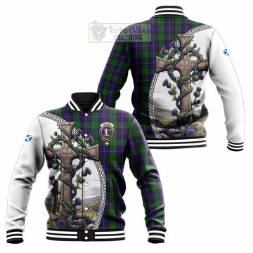 Mitchell Tartan Baseball Jacket with Family Crest and St. Andrew's Cross Accented by Thistle Vines Unisex - Tartan Vibes Clothing