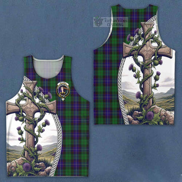 Mitchell Tartan Men's Tank Top with Family Crest and St. Andrew's Cross Accented by Thistle Vines Men - Tartan Vibes Clothing