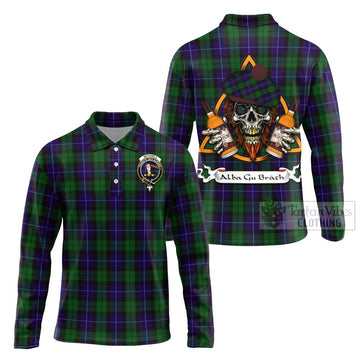 Mitchell Tartan Long Sleeve Polo Shirt with Family Crest and Bearded Skull Holding Bottles of Whiskey Unisex - Tartan Vibes Clothing