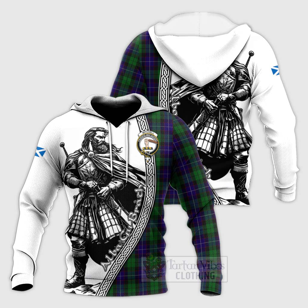 Mitchell Tartan Clan Crest Knitted Hoodie with Highlander Warrior Celtic Style Unisex Knitted Pullover Hoodie - Tartan Vibes Clothing
