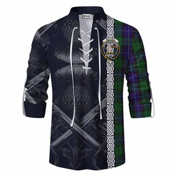 Mitchell Tartan Ghillie Kilt Shirt with Family Crest Cross Sword Thistle Celtic Vibes Men - Tartan Vibes Clothing