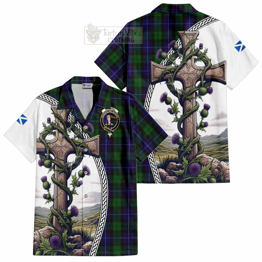 Mitchell Tartan Hawaiian Shirt with Family Crest and St. Andrew's Cross Accented by Thistle Vines Kid - Tartan Vibes Clothing