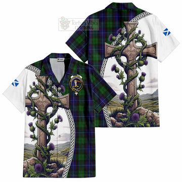 Mitchell Tartan Hawaiian Shirt with Family Crest and St. Andrew's Cross Accented by Thistle Vines Kid - Tartan Vibes Clothing