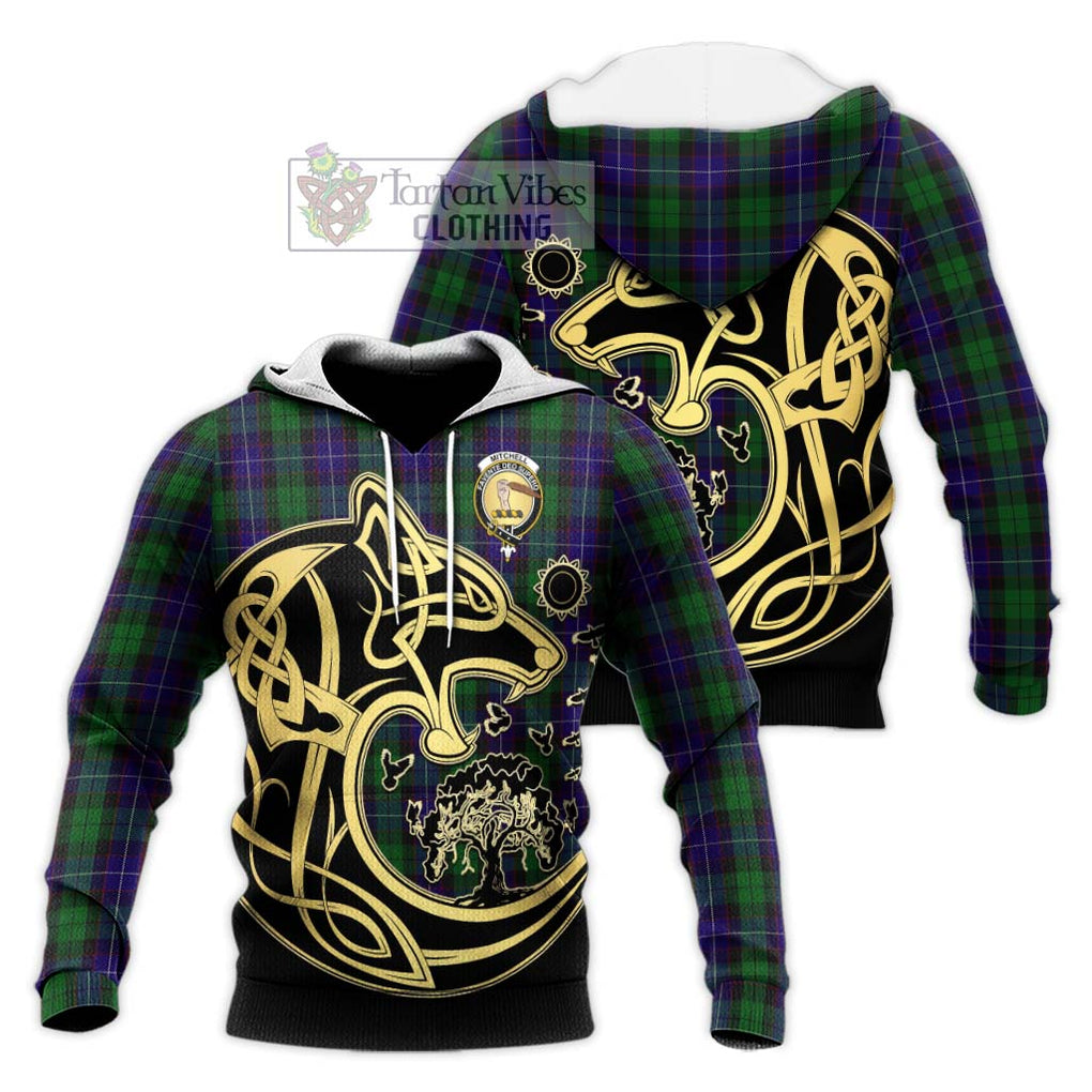 Mitchell Tartan Knitted Hoodie with Family Crest Celtic Wolf Style Unisex Knitted Pullover Hoodie - Tartan Vibes Clothing