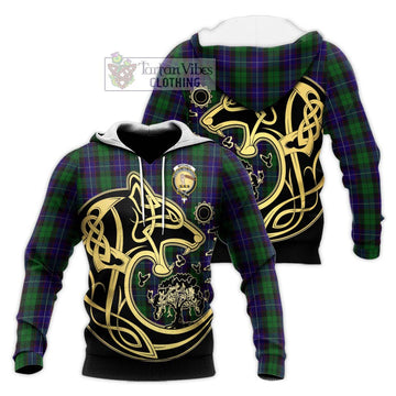 Mitchell Tartan Knitted Hoodie with Family Crest Celtic Wolf Style Unisex Knitted Pullover Hoodie - Tartan Vibes Clothing