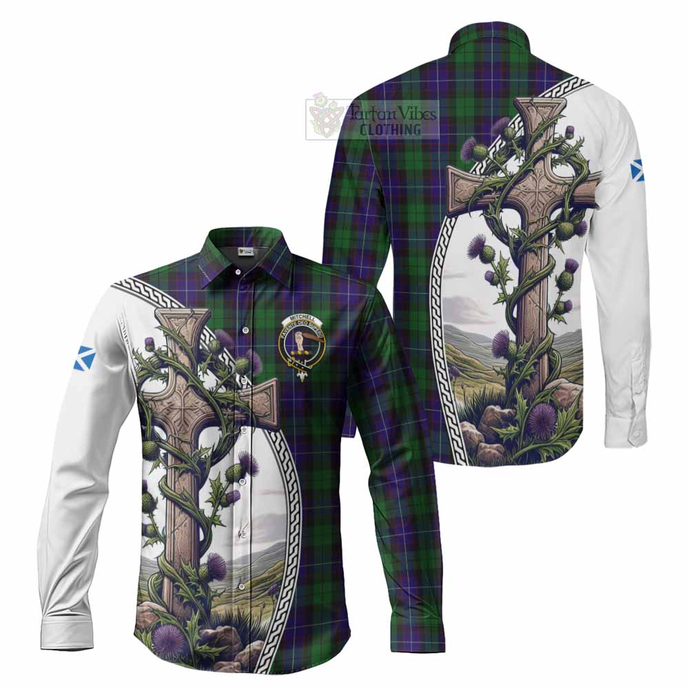 Mitchell Tartan Long Sleeve Button Shirt with Family Crest and St. Andrew's Cross Accented by Thistle Vines Men's Shirt S - Tartan Vibes Clothing