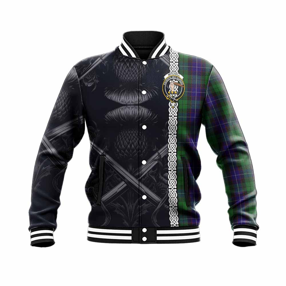 Mitchell Tartan Baseball Jacket with Family Crest Cross Sword Thistle Celtic Vibes Unisex - Tartan Vibes Clothing