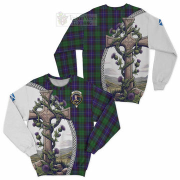 Mitchell Tartan Sweatshirt with Family Crest and St. Andrew's Cross Accented by Thistle Vines Unisex - Tartan Vibes Clothing