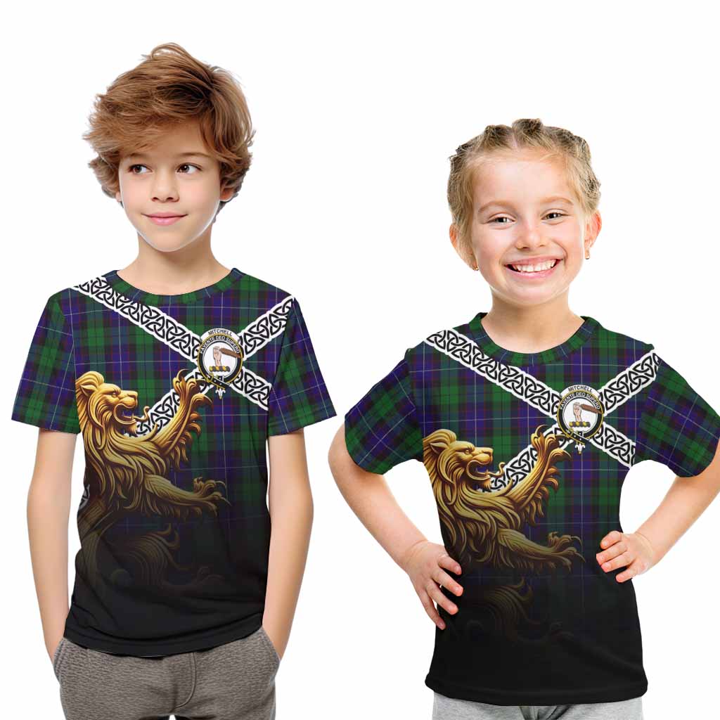 Mitchell Crest Tartan Kid T-Shirt with Golden Lion Emblem Celtic Style Youth XL Size14 - Tartan Vibes Clothing