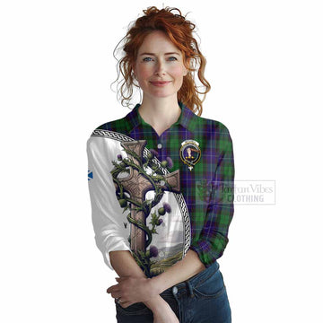 Mitchell Tartan Women's Casual Shirt with Family Crest and St. Andrew's Cross Accented by Thistle Vines Female - Tartan Vibes Clothing