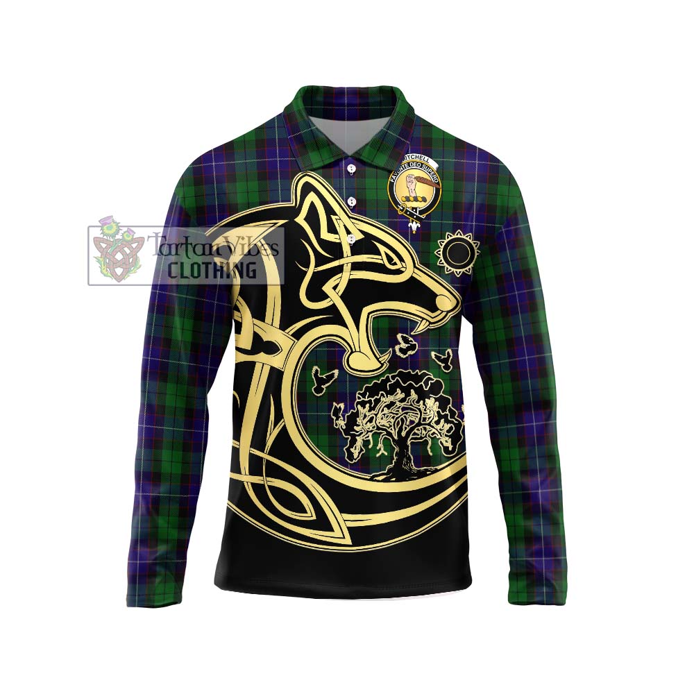 Mitchell Tartan Long Sleeve Polo Shirt with Family Crest Celtic Wolf Style Unisex - Tartan Vibes Clothing