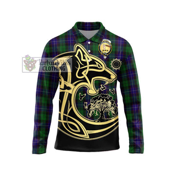Mitchell Tartan Long Sleeve Polo Shirt with Family Crest Celtic Wolf Style Unisex - Tartan Vibes Clothing