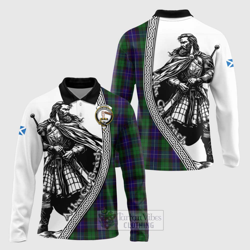 Mitchell Tartan Clan Crest Long Sleeve Polo Shirt with Highlander Warrior Celtic Style Unisex - Tartan Vibes Clothing