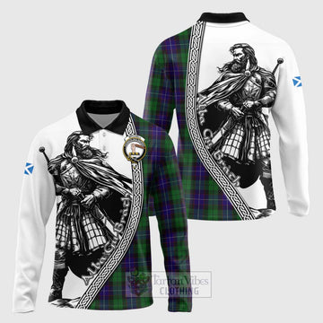 Mitchell Tartan Clan Crest Long Sleeve Polo Shirt with Highlander Warrior Celtic Style Unisex - Tartan Vibes Clothing