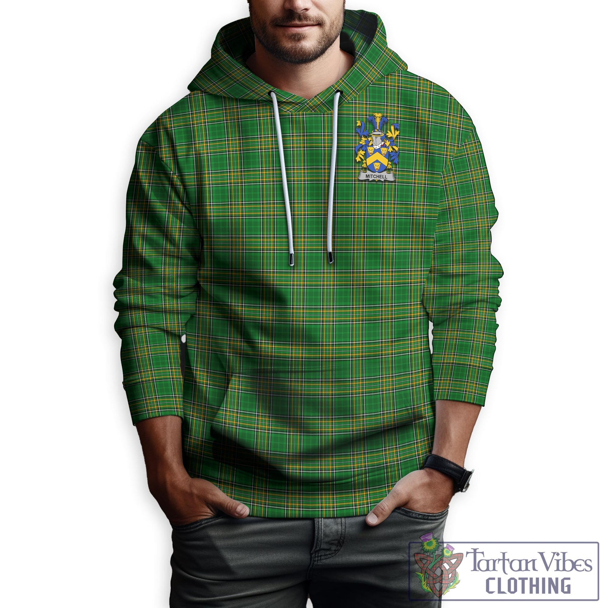 Tartan Vibes Clothing Mitchell Ireland Clan Tartan Hoodie with Coat of Arms