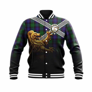 Tartan Vibes Clothing Mitchell Crest Tartan Baseball Jacket with Golden Lion Emblem Celtic Style