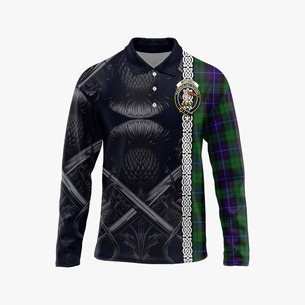 Mitchell Tartan Long Sleeve Polo Shirt with Family Crest Cross Sword Thistle Celtic Vibes Unisex - Tartan Vibes Clothing