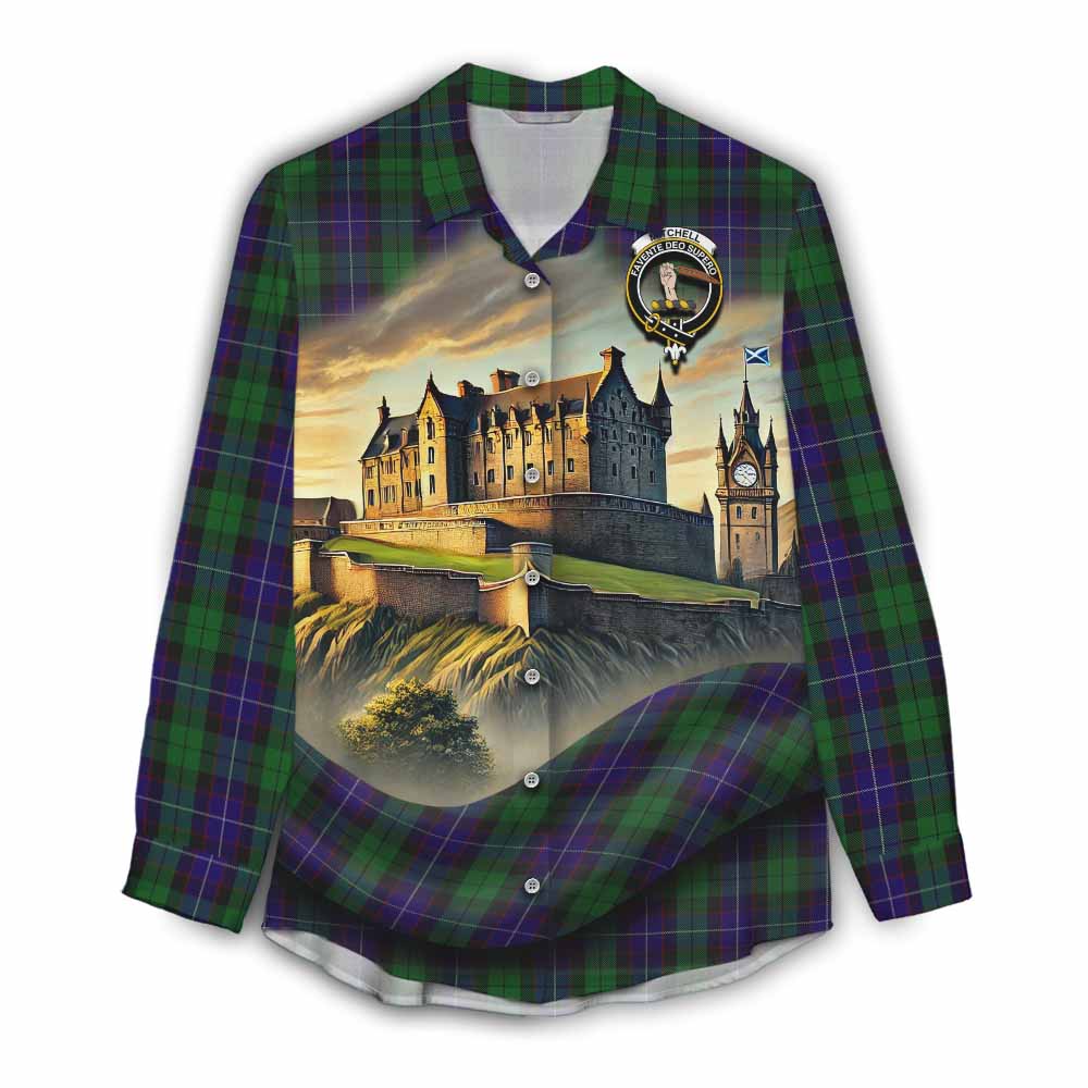 Mitchell Tartan Family Crest Women's Casual Shirt with Scottish Ancient Castle Style Female - Tartan Vibes Clothing