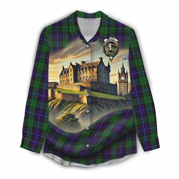 Mitchell Tartan Family Crest Women's Casual Shirt with Scottish Ancient Castle Style Female - Tartan Vibes Clothing
