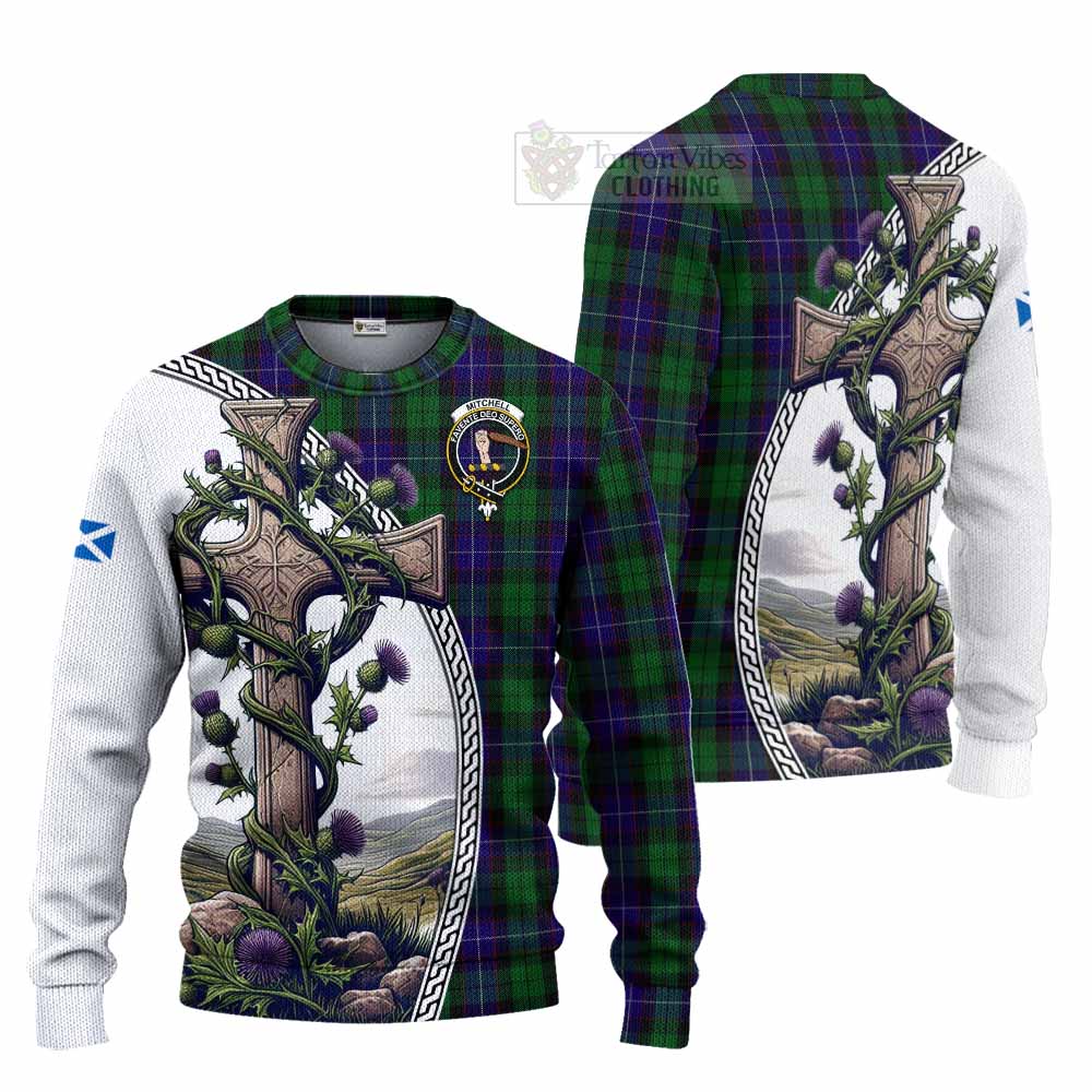 Mitchell Tartan Knitted Sweater with Family Crest and St. Andrew's Cross Accented by Thistle Vines Unisex - Tartan Vibes Clothing