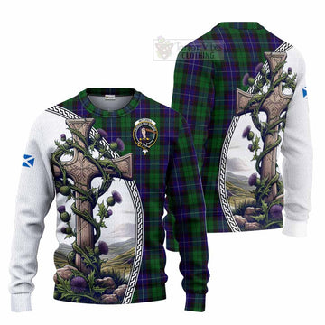 Mitchell Tartan Knitted Sweater with Family Crest and St. Andrew's Cross Accented by Thistle Vines Unisex - Tartan Vibes Clothing