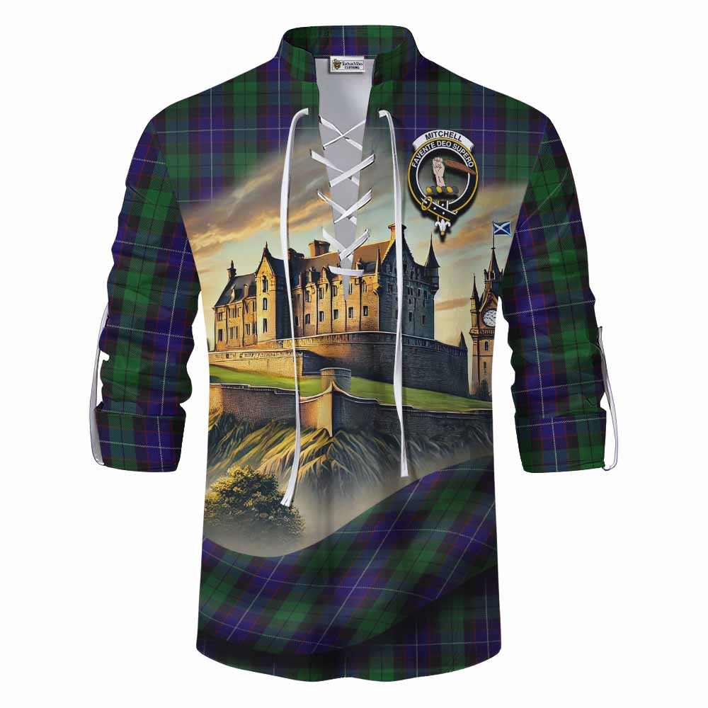 Mitchell Tartan Family Crest Ghillie Kilt Shirt with Scottish Ancient Castle Style Men - Tartan Vibes Clothing