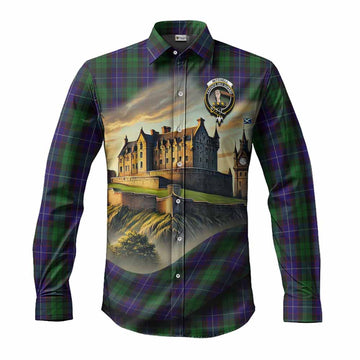 Tartan Vibes Clothing Mitchell Tartan Family Crest Long Sleeve Button Shirt with Scottish Ancient Castle Style