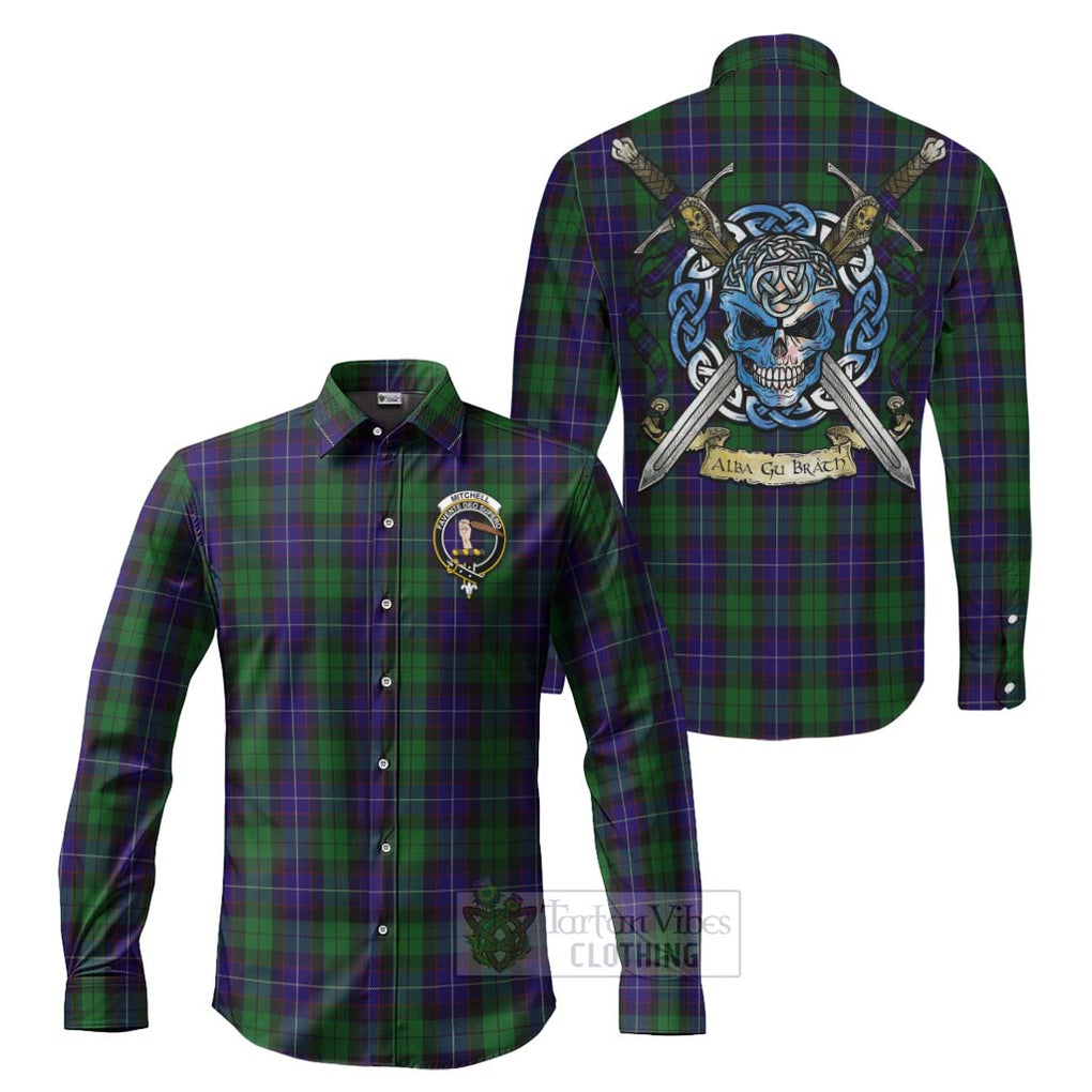 Mitchell Tartan Long Sleeve Button Shirt with Family Crest Celtic Skull Style Men's Shirt S - Tartan Vibes Clothing