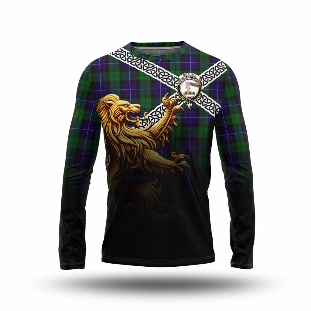 Mitchell Crest Tartan Long Sleeve T-Shirt with Golden Lion Emblem Celtic Style Unisex - Tartan Vibes Clothing