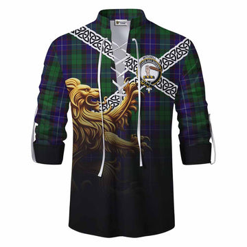 Mitchell Crest Tartan Ghillie Kilt Shirt with Golden Lion Emblem Celtic Style Men - Tartan Vibes Clothing