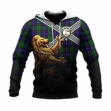 Tartan Vibes Clothing Mitchell Crest Tartan Knitted Hoodie with Golden Lion Emblem Celtic Style
