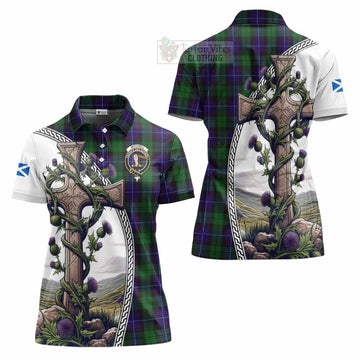 Mitchell Tartan Women's Polo Shirt with Family Crest and St. Andrew's Cross Accented by Thistle Vines Women - Tartan Vibes Clothing