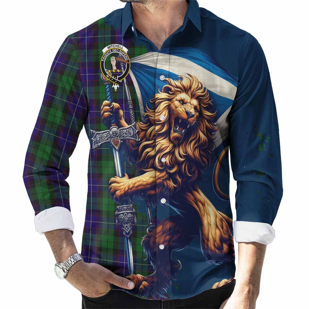 Mitchell Tartan Family Crest Long Sleeve Button Shirt with Scottish Majestic Lion Men's Shirt S - Tartan Vibes Clothing
