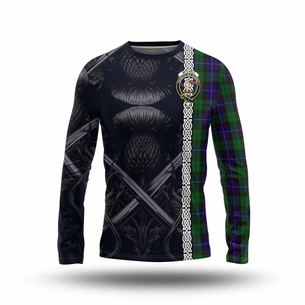 Mitchell Tartan Long Sleeve T-Shirt with Family Crest Cross Sword Thistle Celtic Vibes Unisex - Tartan Vibes Clothing