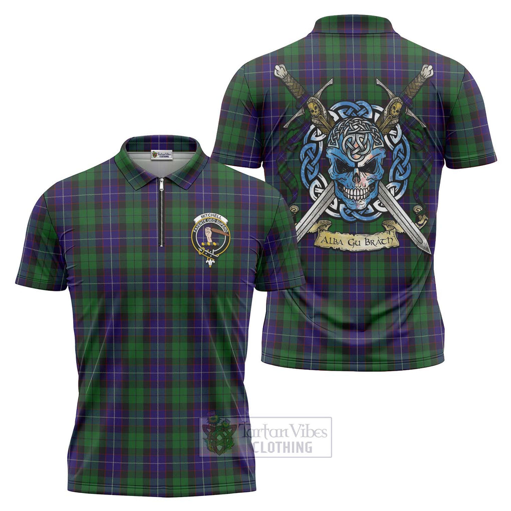 Mitchell Tartan Zipper Polo Shirt with Family Crest Celtic Skull Style Unisex - Tartan Vibes Clothing