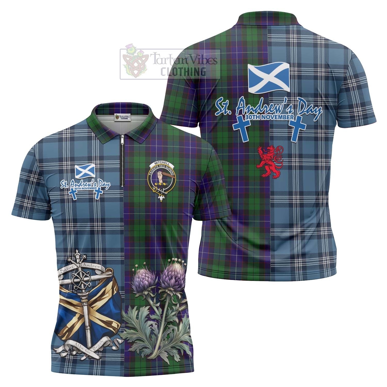 Mitchell Tartan Zipper Polo Shirt Happy St. Andrew's Day Half Tartan Style Unisex - Tartan Vibes Clothing