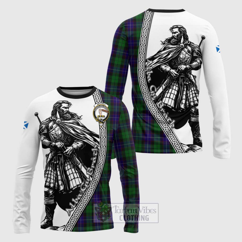 Mitchell Tartan Clan Crest Long Sleeve T-Shirt with Highlander Warrior Celtic Style Unisex - Tartan Vibes Clothing