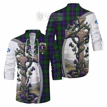 Mitchell Tartan Ghillie Kilt Shirt with Family Crest and St. Andrew's Cross Accented by Thistle Vines Men - Tartan Vibes Clothing