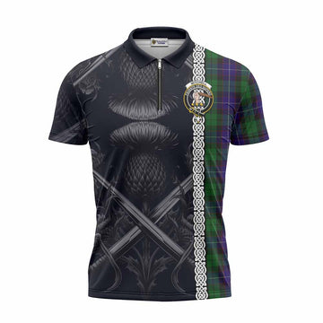 Mitchell Tartan Zipper Polo Shirt with Family Crest Cross Sword Thistle Celtic Vibes Unisex - Tartan Vibes Clothing